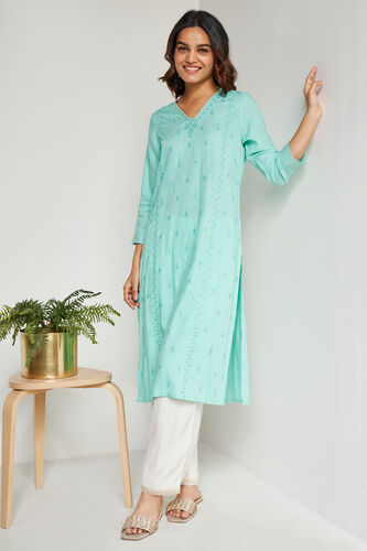 Solid Embroidered Straight Kurta, Mint, image 1